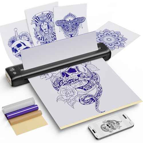 Tattoo Stencil Printer, Wireless Tattoo Machine, Thermal Portable Kit with Transfer Papers, Tattoo Supplies for Perfessional and Beginners, Bluetooth & USB Connnection-Black