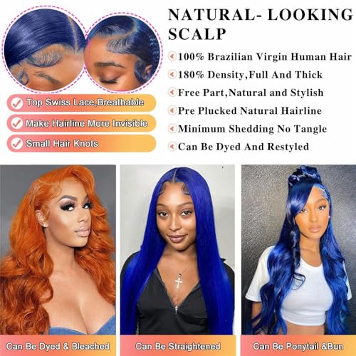 Dark Blue Lace Front Wigs Human Hair Body Wave 13X4 HD Transparent Navy Blue Lace Front Wig Wear and Go Glueless Royal Blue Wigs Human Hair Pre Plucked Hd Lace Frontal Wigs For Black Women 22 Inch