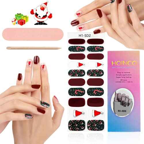 Christmas Full Nail Stickers Christmas Semi Cured Gel Nail Wraps Strips,HOINCO Self-Adhesive Nail Stickers,Christams Nail Decoration(Dark red Jump Color)