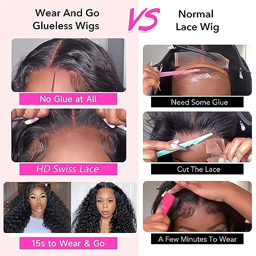 Metamuclia Wear and Go Glueless Wig Water Wave Wigs Human Hair Pre Plucked Pre Cut Lace 180 Density 4X4 HD Lace Closure Wigs for Women Upgraded No Glue Wet and Wavy Lace Front Wigs with Baby Hair 18"