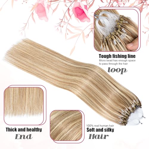 24 Inch Human Hair Extensions Micro Beads Hair Extensions Ombre Remy Human Hair Ash Brown with Bleach Blonde Micro Loop Human Extension #8/613 Microbeads Hair 50g 1g/s