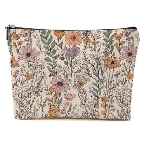 Vintage Wildflowers Makeup Bag Floral Garden Flower Cosmetic Bag Friend Friendship Gifts for Women Girls Sister Coworker Botanical Travel Organizer Zipper Pouch Christmas Thanksgiving Birthday Gifts