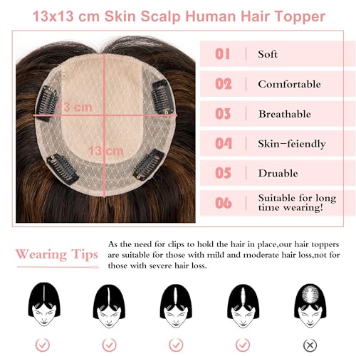 Hair Toppers for Women Real Human Hair 14 inch Straight Human Hair Toppers with No Bangs 13X13 cm Skin Scalp Base for Thinning Hair Top Hair Pieces Remy Hair Topper (P1B/4#, 14 Inch)