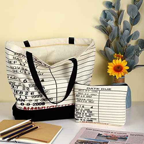 Sieral 2 Pcs Librarian Gifts for Women Due Date Library Book Bag Reusable Canvas Cosmetic Bag with Zipper Pouch Book Lovers Gifts for Friends Librarian Christmas Club Birthday for Readers