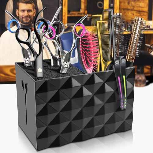 NICEMOVIC Barber Scissors Holder Box, Barber Accessories Barber Supplies, Professional Salon Hairdressing Scissors Rack Holder Storage Organizer for Hairstyling Combs Clips Brushes (Black)