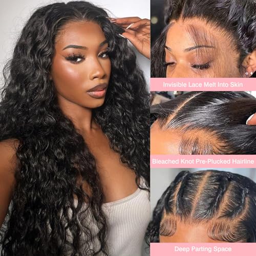 13x6 Deep Wave Lace Front Wigs Human Hair Wigs for Women 180% Density HD Transparent Deep Curly Lace Frontal Wigs Human Hair Pre Plucked with Baby Hair Natural Color 20 Inch
