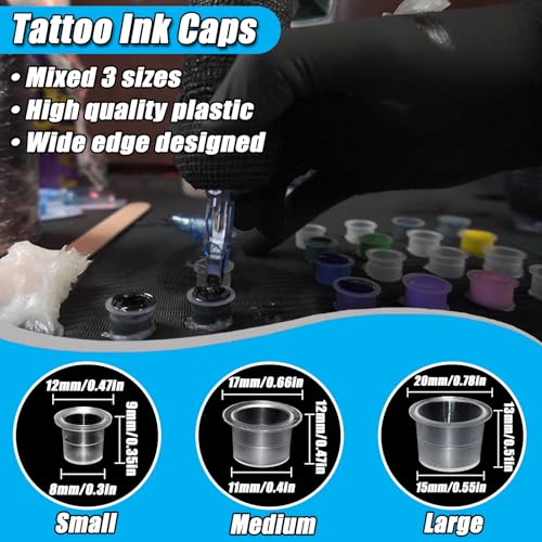 300pcs Disposable Tattoo Ink Cups (8mm/11mm/15mm) + 2 Black Ink Caps Holders + 100 Black Nitrile Gloves, Complete Tattoo Supplies Kit for Artists & Studio