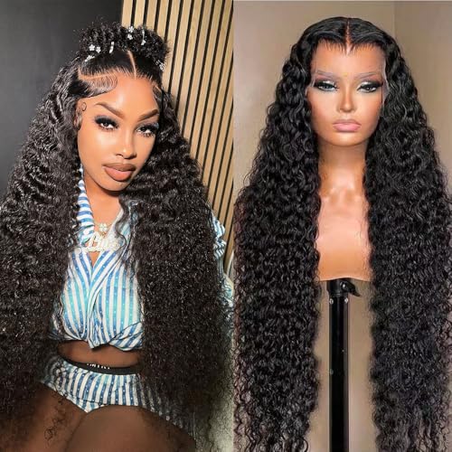 Deep Wave Lace Front Wigs Human Hair 200 Density 4x4 Glueless Wigs Human Hair Pre Plucked HD Transparent Lace Closure Human Hair Wigs for Black Women Natural Color (4x4, 22-inch)