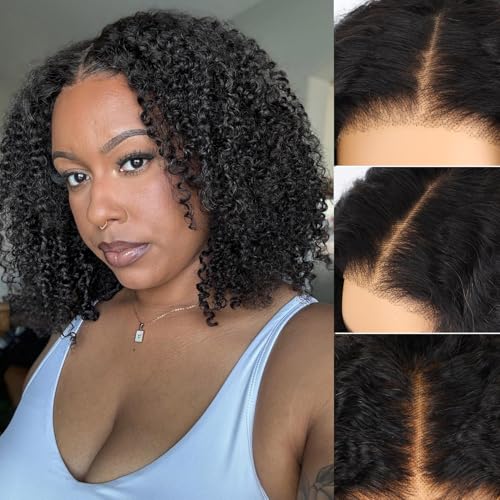 Glueless Bob Wig Human Hair Pre Plucked Pre Cut Bleached Knots Wear and Go Glueless Lace Front Wigs Human Hair Afro Kinky Curly 6x4 HD Lace Closure Bob Wigs for Women 200% Density 10 Inch