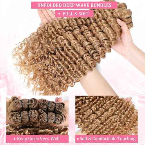 Honey Blonde Deep Wave Human Hair Bundles For Women 12A 27# Color Human Hair Bundles Wet and Wavy 24 Inch Blonde Deep Curly Hair One Bundle