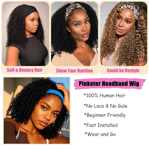 Headband Wig Human Hair Kinky Curly Headband Wigs for Black Women 20 Inch Human Hair Headband Wig Curly Human Hair Wig Half Wigs 150% Density Natural Black Color