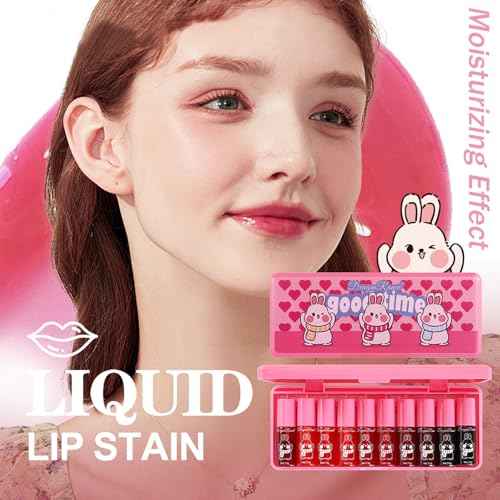 10 Colors Lip Tint Stain Set,Korean Lip Gloss,Watery Lip Stain Mini Liquid Lipstick Waterproof,Moisturizing Lip Stain Set Multi-Use Lip and Cheek Tint,Non-Stick Cup,Lightweight,Vivid Color Lip Makeup
