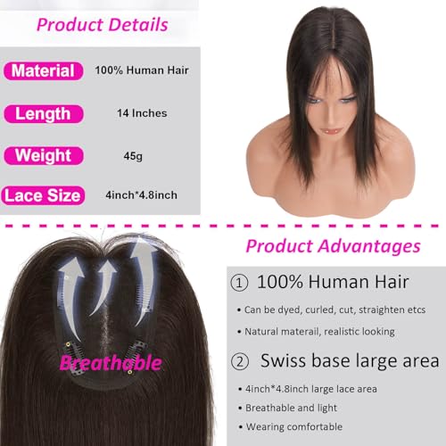 Hair Toppers for Women Real Human Hair, 4x4.8 Inch Upgrade Basement 360¡Æ Cover 3D Clip in Hairpieces for Women with Thinning hair, 14 Inch 2# Dark Brown