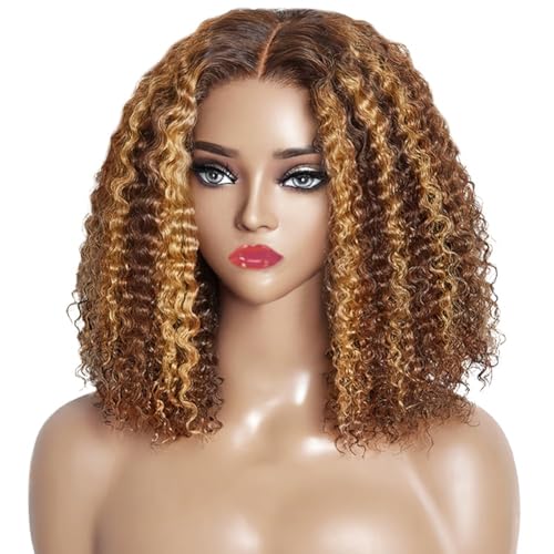 Ombre Lace Front Wig Human Hair 7x5 Short Curly Wig #4/27 Colored Human Hair 180% Density Ombre Deep Wave Lace Front Wig For Woman Pre Plucked Highlight Bob Wig 10 Inch