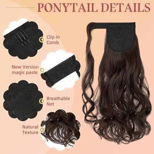 FELENDY 18" Ponytail Extension Curly Wavy Clip in Hairpiece Wrap Around Long Pony Tails Hair Extensions Synthetic for Women Medium Brown