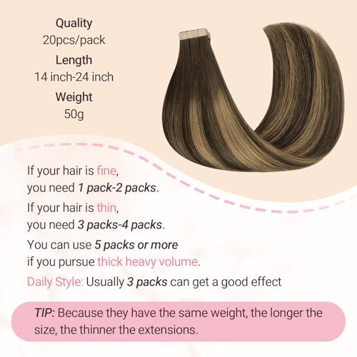 MAXITA Tape in Hair Extensions Human Hair, Balayage Chocolate Brown to Caramel Blonde, 24inch 50g 20pcs, Remy Silky Real Human Hair Extensions Thick Ends Straight Seamless Tape in Hair Extensions