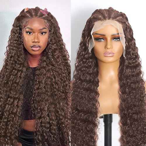 Chocolate Brown Head Braided Lace Front Wig 13x6 Deep Wave Wig Braided Wigs Human Hair Pre Plucked with Baby Hair 180 Density HD Frontal Wigs Brown Wig Human Hair 26 Inch