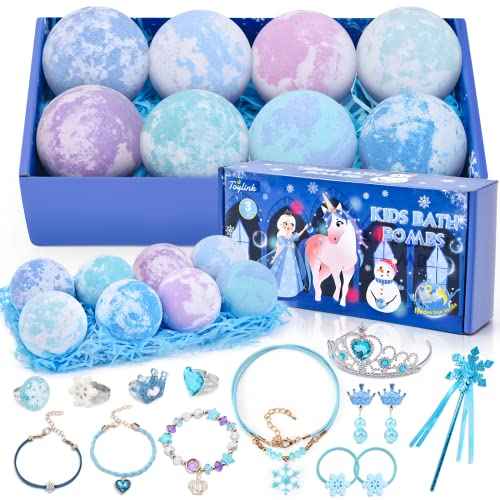 Kids Bath Bombs for Girls with Surprise Toys Inside, 8 Pack Natural Bath Bombs Handmade Spa Bath Fizzies with Jewelry Set Birthday Christmas Gift