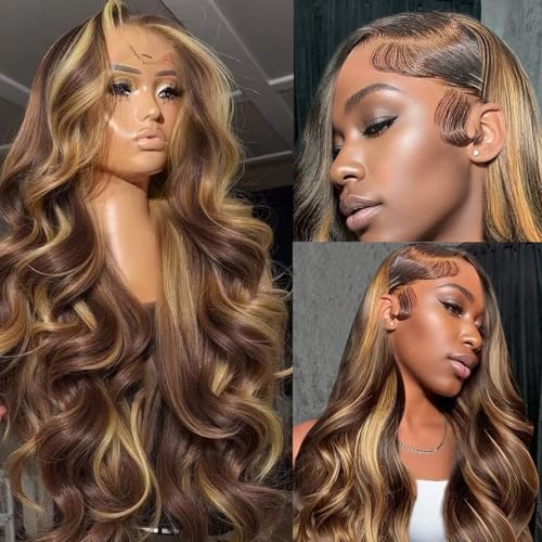 Ombre Balayage Honey Blonde Highlight Wig Human Hair, Body Wave 13x6 Lace Front Wigs Human Hair 24 Inch Brown to Blonde Highlights Glueless Lace Front Wigs Pre Plucked Human Hair Wigs for Women