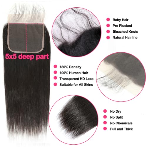 12A Straight Bundles Human Hair with 5x5 Closure 18 20 22+16 Inch Brazilian Human Hair Weave Bundles with 5x5 HD Lace Closure 100% Unprocessed Virgin Hair Extensions