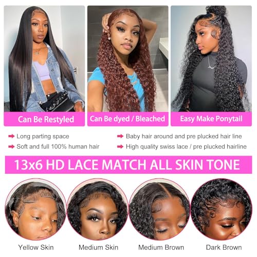 Water Wave Lace Front Wigs Human Hair Pre Plucked Bleached Knots Wet and Wavy 13x6 HD Lace Frontal Wigs for Black Women 200% Density Brazilian Remy Human Hair (Water Wave Wig, 22 Inch)