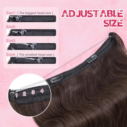 Halo Hair Extensions Real Human Hair, MY-LADY Adjustable Halo Extensions Real Human Hair, 18 inch Dark Brown Women's Long Wavy Hair Invisible Wire Hair Extensions