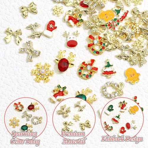 BELICEY 52Pcs Christmas Nail Charms - Gold 3D Bow Snowflake Elk Charms with Gems Rhinestones Accessories Metal Nail Art Supplies Winter Holiday Decorations