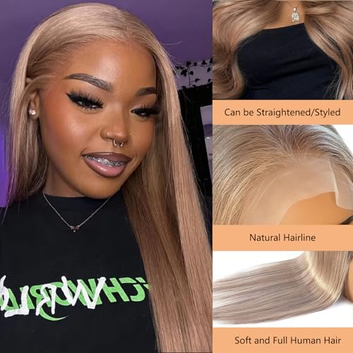 Ash Blonde Wig Human Hair 180% Density 13x6 Champagne Blonde HD Lace Front Wigs Human Hair Pre Plucked with Baby Hair,Virgin Human Hair Wig Blonde 13x6 Lace Frontal Wigs 16Inch