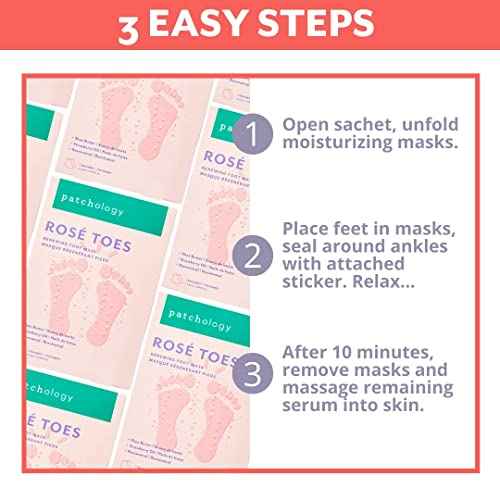 Patchology Ros? Toes Moisturizing Foot Mask ? Shea Butter & Strawberry Scented Booties for Dry, Cracked Feet, Disposable Spa Socks with Resveratrol for Soothing Foot Care, Self-Care Essentials