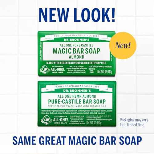 Dr. Bronner's Pure-Castile Magic Bar Soap (Almond, 5 ounce, 12-Pack)-Made with Regenerative Organic Certified Oils, For Face, Body, Hair, Gentle, Vegan, Cruelty-free Non-GMO
