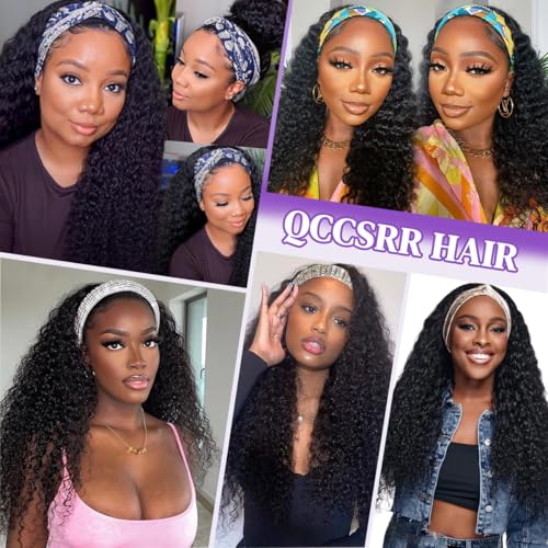 Headband Wig Human Hair Deep Wave 20 Inch Curly Headband Wigs for Black Women Glueless No Lace Half Wig Brazilian Virgin Hair Deep Curly Natural color