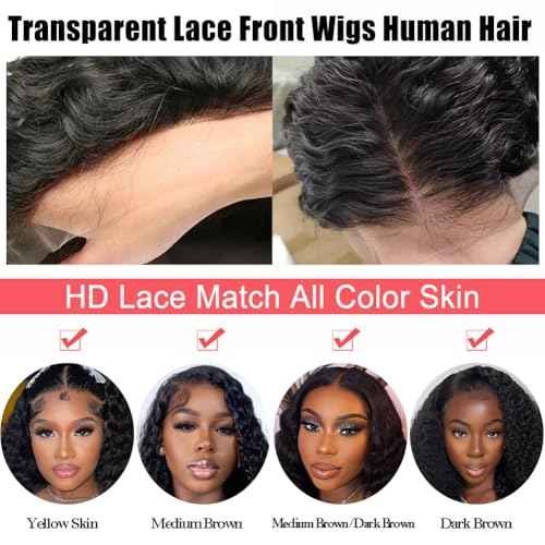 Deep Wave Lace Front Wigs Human Hair 200% Density 13x4 HD Curly Lace Frontal Glueless Wigs for Women Pre Plucked Deep Wave Natural Color (18 Inch)