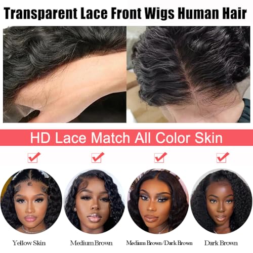 Deep Wave Lace Front Wigs Human Hair 200% Density 13x4 HD Curly Lace Frontal Glueless Wigs for Women Pre Plucked Deep Wave Natural Color (24 Inch)