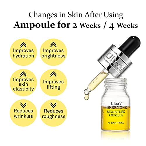Ultra V Idebenone Signature Ampoule - Anti Aging Antioxidant Serum ? Peptides, Niacinamide, Hyaluronic Acid ? Anti Wrinkle, Smoothes, Softens Skin - 0.27 fl.oz 4 Packs 12,000ppm