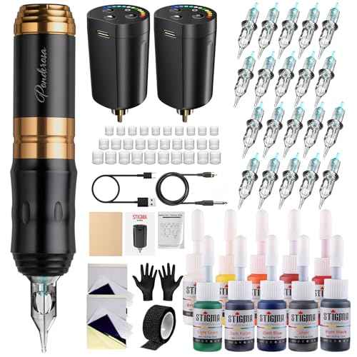 STIGMA Wireless Tattoo Gun Tattoo Kit Complete with Pro Short Tattoo Pen, 2 Tattoo Batteries, 20 Tattoo Cartridge Needles,Tattoo Ink Color Set, Full Tattoo Accessories STP35TI4002-9