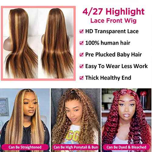 Healthair Ombre Lace Front Wigs Human hair Highlight 4/27 Honey Blonde Lace Front Wig 180% Density Straight Human Hair Wig 13x4 HD Transparent Lace Wigs for Black Women (4/27, 20inch)