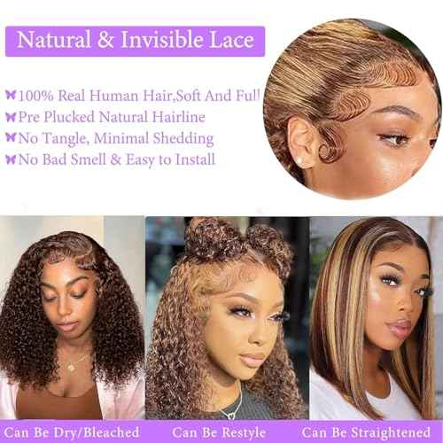 Highlight Bob Curly Wigs Human Hair 13x4 HD Lace Frontal Wig Ombre Bob Lace Front Wigs Human Hair Pre Plucked With Baby Hair 4/27 Ombre Bob Wigs Human Hair180% Density 12 Inch