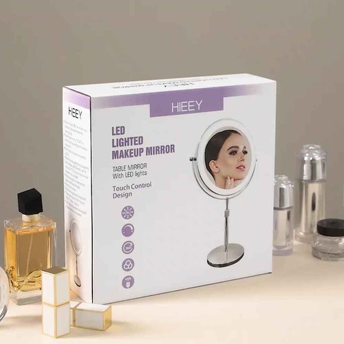 HIEEY Lighted Makeup Mirror with Magnification, 1x/10x Rechargeable 8" Lighted Mirror, 360° Rotation Touch Screen Vanity Mirror, Three Color Lighting Modes, Height Adjustable (Gift Box)