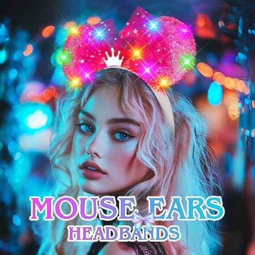 ACEDRE Light Up Mouse Ears Headband Sequin Bow Princess Crown Hair Accessories for Women