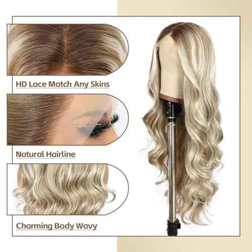Highlight Blonde Lace Front Wig for Women 13x4 Body Wave Synthetic Wigs Balayage Pre-plucked Long Wavy Wig 150% Density Heat Resistant Hair Replacement Wigs 26 Inch