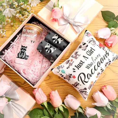 Layhit 3 Pcs Raccoon Gifts for Women Teaches Day Thank You Gift 16 oz Coffee Glass Cosmetic Makeup Bag Cute Socks for Friend Teacher Colleague Employee
