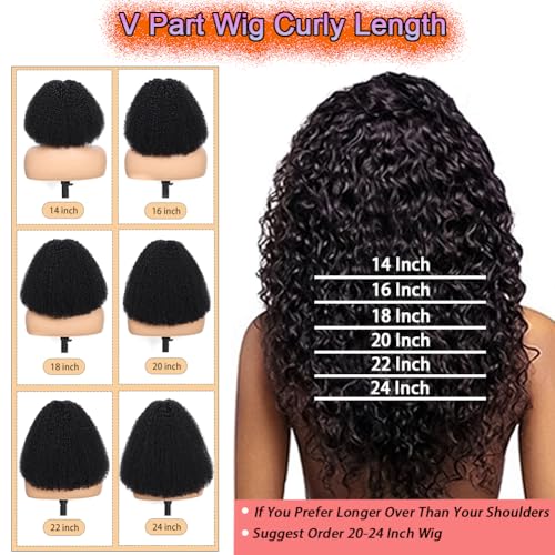 V Part Wig Human Hair Kinky Curly Natural Black 14 Inch | Curly Human Hair Wig Upgrade U Part Human Hair Wigs for Black Women Glueless Wig Wear and Go 180 Density