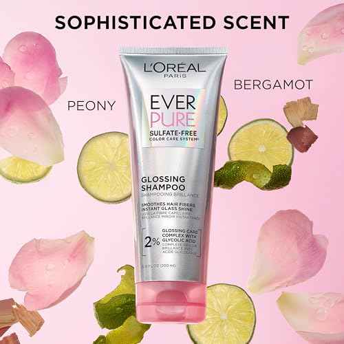 L'Oreal Paris Glossing Sulfate Free Shampoo and Conditioner Set with Glycolic Acid, Hair Care for Lasting Shine and Smoothness for Dull, Dry Hair, EverPure, 1 Kit