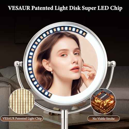 Professional 8.5" Large Lighted Makeup Mirror with Brighter Lights, 1X/10X True HD Magnifying Mirror with 3 Color Dimmable Lights, 90 Shadowless LEDs, 360¡ÆSwivel Seamless Vanity Mirror, Pearl Nickel