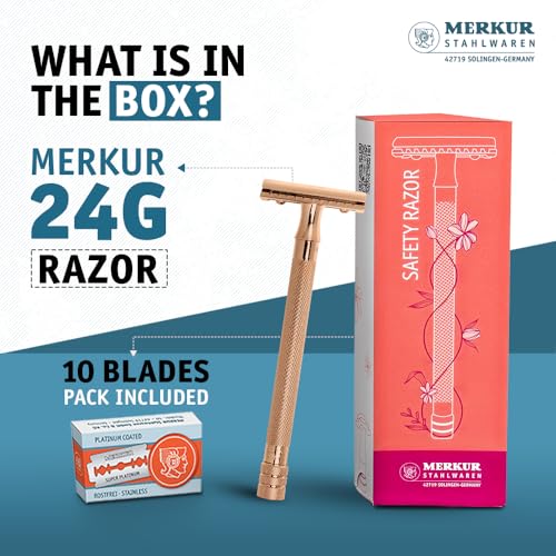 MERKUR 24G Safety Razor For Women with 10 Double Edge Blades | Extra Long Handle | Three-piece Razor | Straight Cut | Rose Gold Finish | Made in Germany