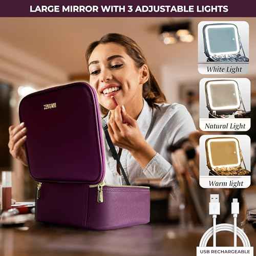 ZEVGANI Travel Makeup Bag with LED Mirror, Rechargeable Lighted Makeup Case with Adjustable Brightness & Dividers, Portable Makeup Box Organizer Vanity Case for Toiletries & Brushes, Plum Purple