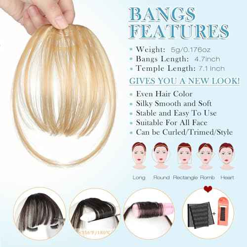 Clip in Bangs, Wispy Bangs Hair Clip,Natrual Fake Bangs Fringe with Temples Hairpieces for Women Clip on Faux Bangs Hair Extensions for Daily Wear Light Blonde Mix Bleach Blonde
