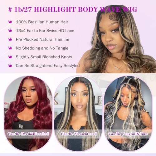 Ombre Lace Front Wig Human Hair Pre Plucked 1B/27 Highlight Lace Front Wig Human Hair with Baby Hair 180 Density 13x4 Body Wave Colored Lace Front Wigs Glueless Wigs 24 Inch