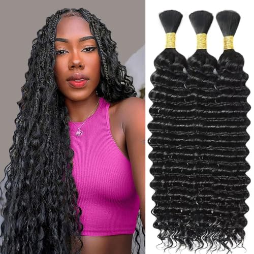 Human Braiding Hair for Boho Braids Human Hair 150g 22 Inch Boho Human Braiding Hair Curly 12A Deep Wave Bulk Bohemian Knotless Braids 3 Bundles Natural Color