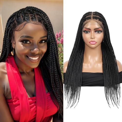 13x8'' HD Lace Front Knotless Braided Wigs for Women Short Box Braid Wig with Baby Hair Premium Synthetic Braided Lace Front Wigs Black 22 inch